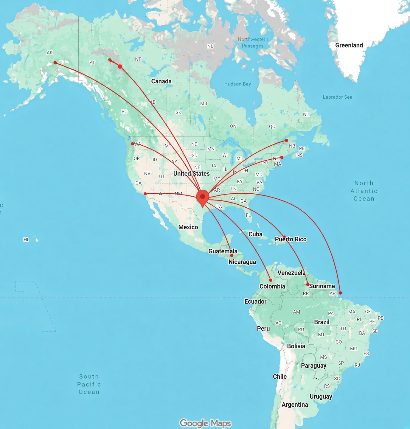 Texas Truss & Frame hub with ISS shipping routes across the Western Hemisphere